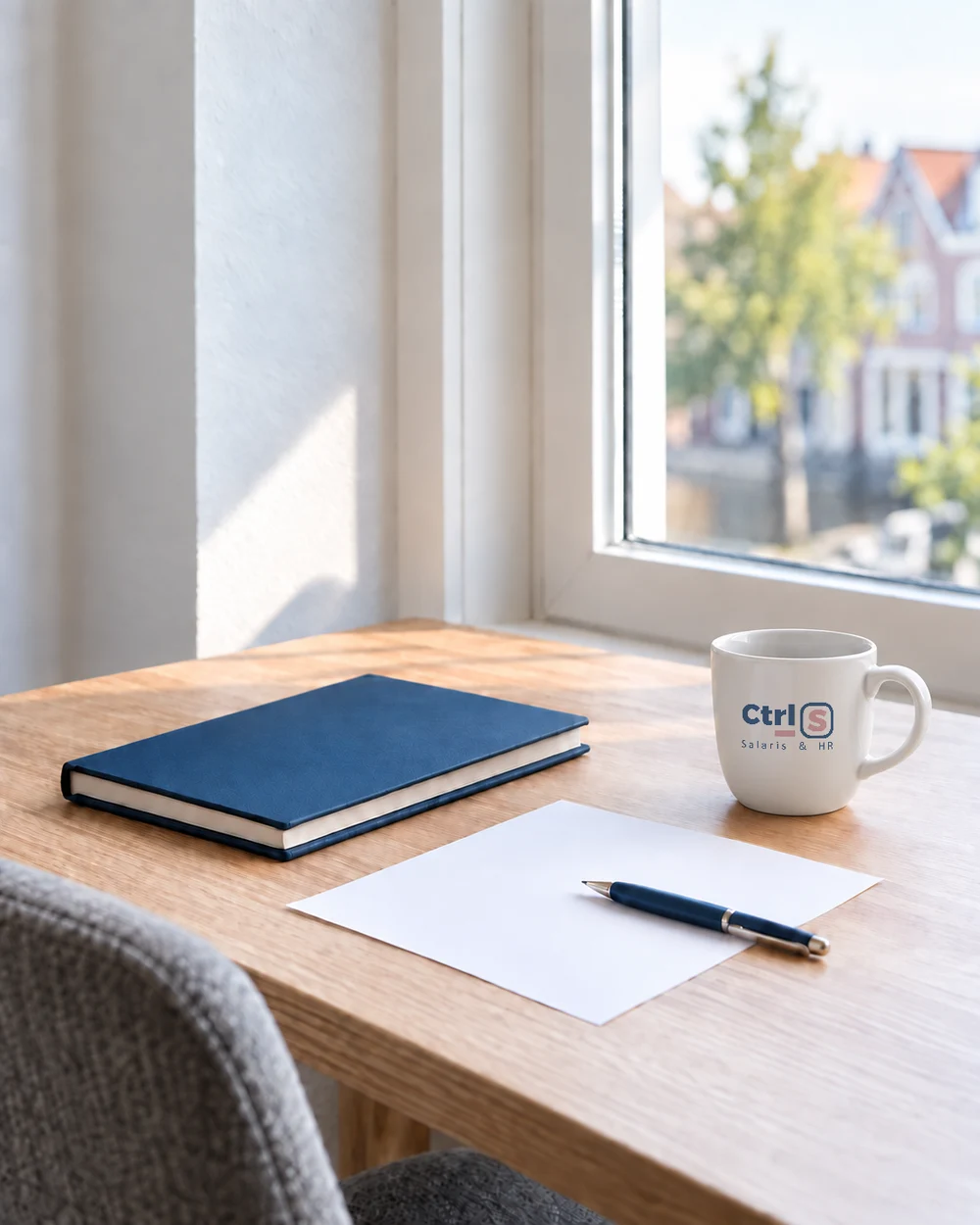 Blauwe agenda en wit kopje met het Ctrl_S-logo op een rustige werktafel